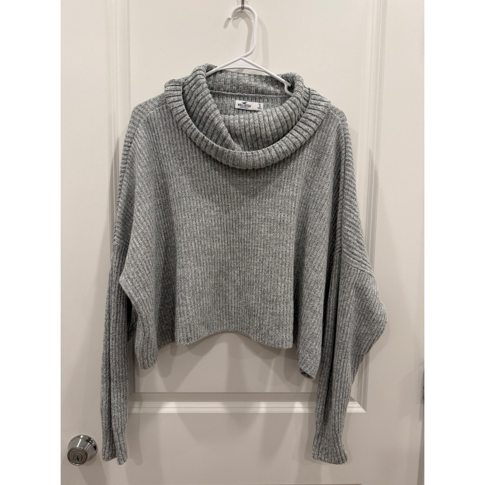 Hollister Womens Gray Ribbed Cropped Turtleneck Sweater Size S Cowl Neck Boxy